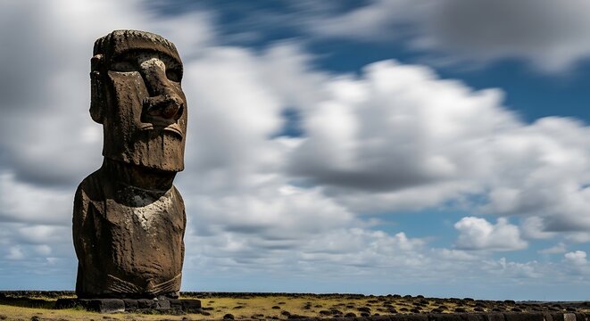 A weathered stone figure stands tall against a backdrop of a cloudy sky. Long exposure creates soft streaks. The sculpture is on a rocky terrain