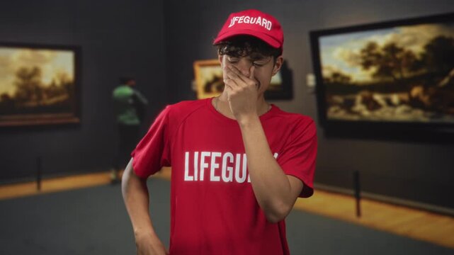 Lifeguard teen in red shirt and cap pinches nose with hand while covering mouth in a building; embarrassment fatigue.