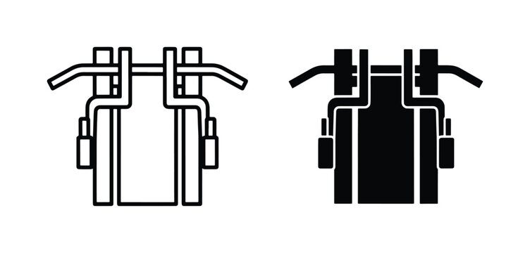 Lat pulldown machine icons, gym strength training equipment vectors, fitness workout station symbols in line and solid styles for bodybuilding