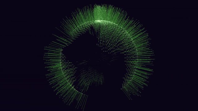 Abstract 3D-style data sphere made of green glowing lines and particles rotating on a dark background, ideal for technology, AI, network, and cybersecurity visuals