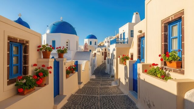 A picturesque Greek village with whitewashed houses and blue domes