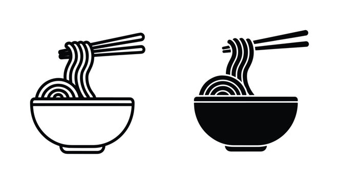 Minimalist noodle bowl icons with chopsticks, black and white ramen bowl vector set, Japanese pasta and noodle soup line art for restaurant branding