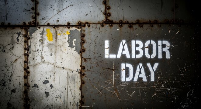 Stenciled White Labor Day Text Displayed on a Weathered Industrial Metal Surface With Rivet Details.