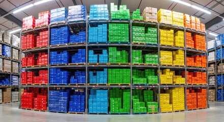 Fototapeta premium A colorful warehouse with rows of colorful boxes and shelves.