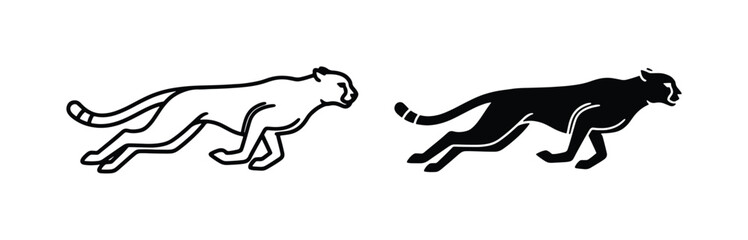 Minimalist cheetah running vector icons, black silhouette and outline leopard graphics, fast wild cat sprinting logo design elements © Hasibur