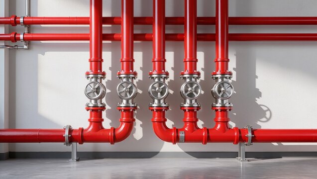 Industrial fire sprinkler system pipes and valves in building