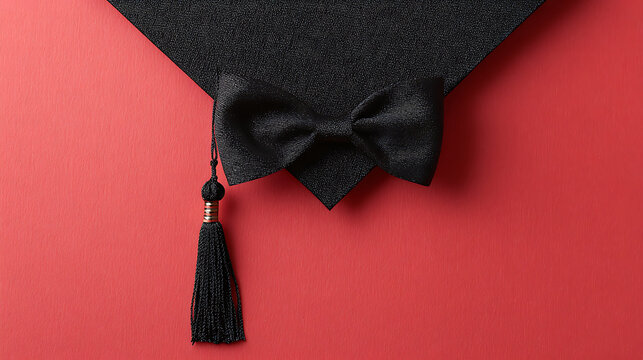 Black graduation cap on red background for educational projects and academic promotions