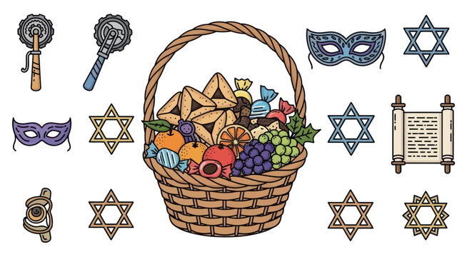 Purim Basket with Hamantaschen, Treats, Fruit, and Carnival Symbols