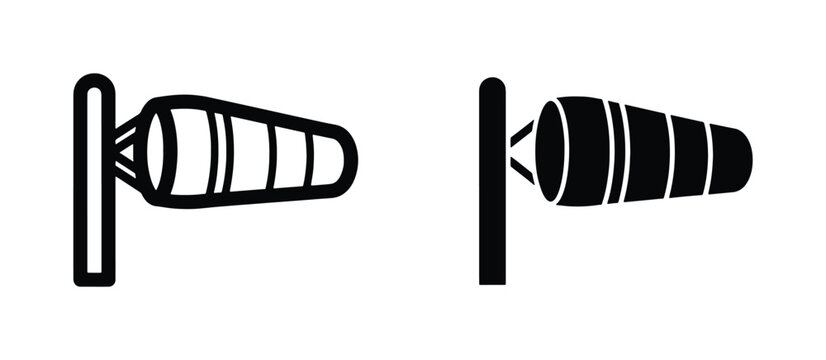 Windsock vector icons in outline and solid styles, airport wind direction indicator symbols, weather measurement tool for aviation and meteorology