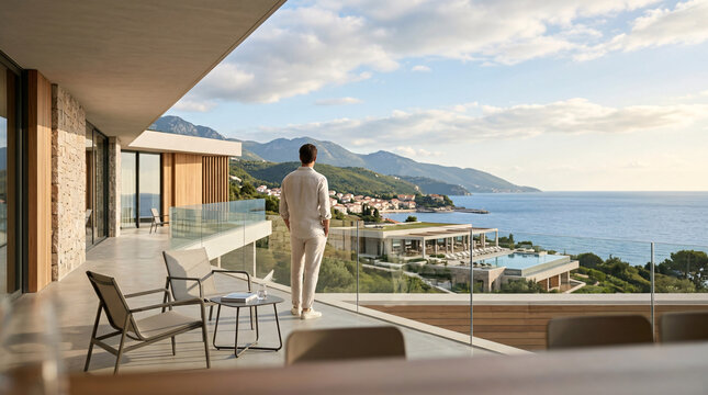 Homme admirant une vue panoramique depuis une terrasse