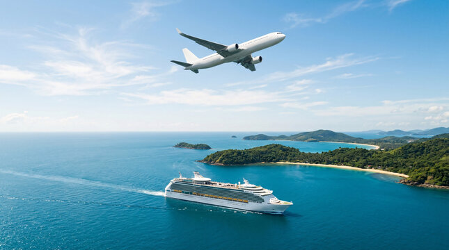 Avion survolant une &icirc;le avec bateau de croisi&egrave;re