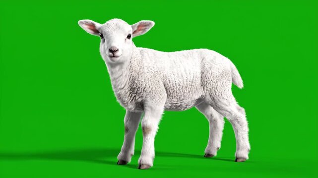 A charming young white lamb stands gracefully on a green screen, ideal for various creative projects and visual effects.