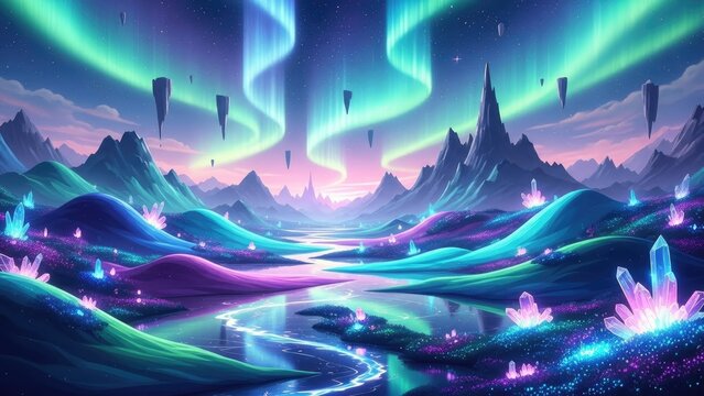 A vibrant and serene digital landscape with a glowing river and aurora
