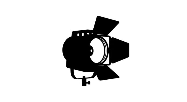 Camera film crew icon with studio spotlight, silhouette style, and vintage lens details for media production and design