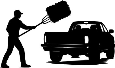 Farmer Silhouette Loading Hay Bale into Pickup Truck with Pitchfork Vector Graphic © Rezowan 