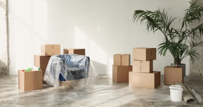 Empty domestic living room prepared for renewal or moving with stacked cardboard boxes, armchair and plant on floor. Concept of home improvement, real estate purchase, relocation day, new beginnings