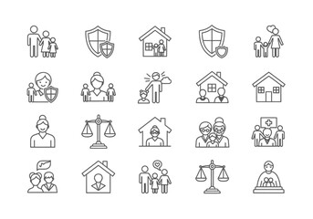 Fototapeta premium Family Law and Social Services Line Icon Set: Vector Graphics for Legal, Protection, Insurance, and Community Support Concepts