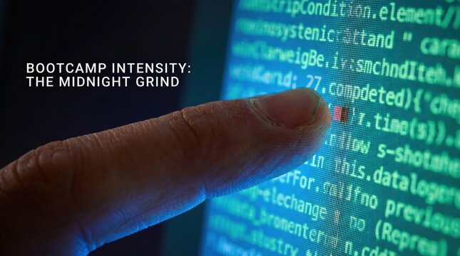 coding bootcamp screen night session concept. Finger pointing at computer screen with programming code and text overlay.