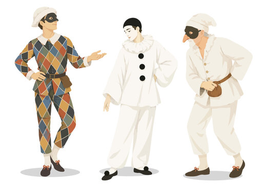 079-36-Three traditional italian commedia dell'arte characters standing with theatrical poses