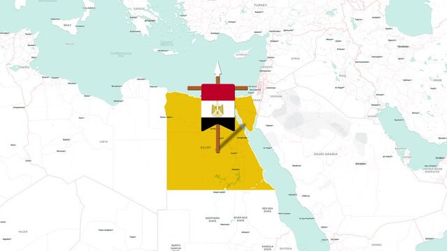 Highlighted map of Egypt with its national flag pierced by a spear