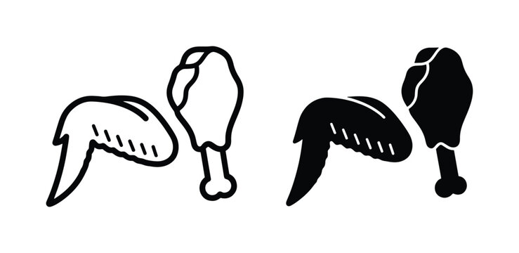Fried chicken wing and drumstick icons, black line and silhouette poultry leg vector set, fast food meat symbols for restaurant menu design