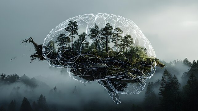 Brain Forest Concept: An artistic representation of the mind, with a forest landscape flourishing within a transparent brain, symbolizes the interconnectedness of nature and human thought. 