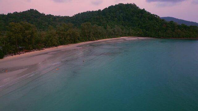 Tranquil Beach Of Khlong Hin At Dusk On Koh Kood Island, Thailand. wide aerial shot