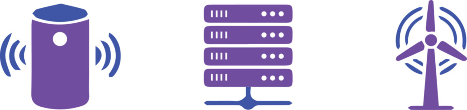 Modern wireless communication technology icons set with server database signal tower and smart device flat vector illustration
