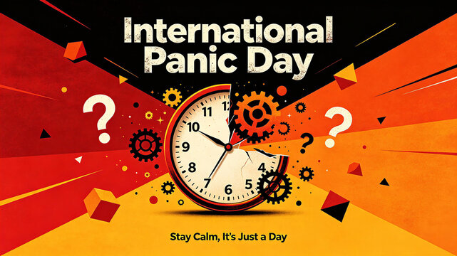 Broken clock and gear question mark elements, International Panic Day time anxiety, suitable for mental health science popularization and emotional counseling promotional posters

