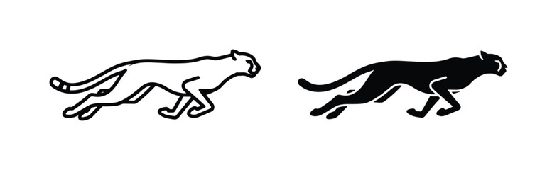 Minimalist running cheetah vector icons, black and white wild cat silhouettes, fast leaping leopard line art for sports branding and logo design © Hasibur