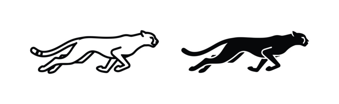 Minimalist running cheetah vector icons, black and white wild cat silhouettes, fast leaping leopard line art for sports branding and logo design