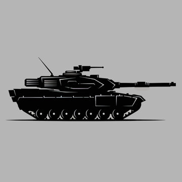 Modern military battle tank silhouette vector illustration on a grey background, armored vehicle side view