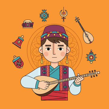 Traditional Central Asian Musician Playing Dombra Illustration with Cultural Symbols and Ethnic Ornaments
