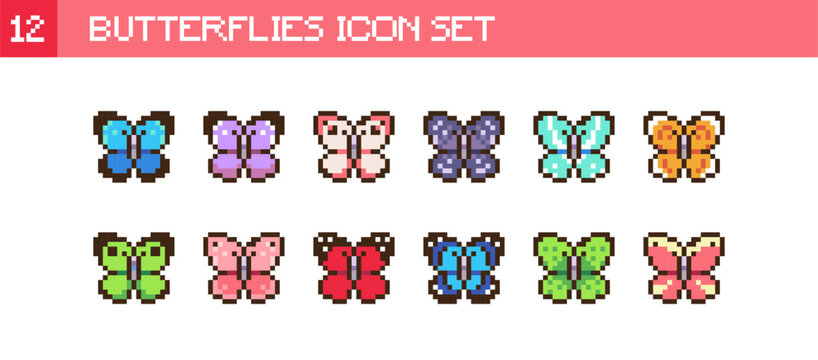 Pixel Art Butterflies Collection Set. Retro 8 Bit Colorful Butterfly Vector Illustration Pixelated Y2k Pack for Game Assets UI, Stickers and Nature Design
