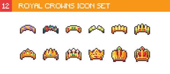 Fototapeta premium Pixel Art Royal Crowns Collection Set. Retro 8 Bit Medieval King Queen Tiara badges Vector Illustration Pixelated Y2k Crown Pack for Game Assets UI, Stickers and Fantasy Design 