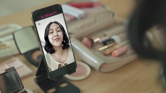 Asia people young gen z female happy smile enjoy phone apply selfie screen makeup blush virtual AI tech scan face app AR mixed augmented reality future beauty smart iot skin care help guide advice.