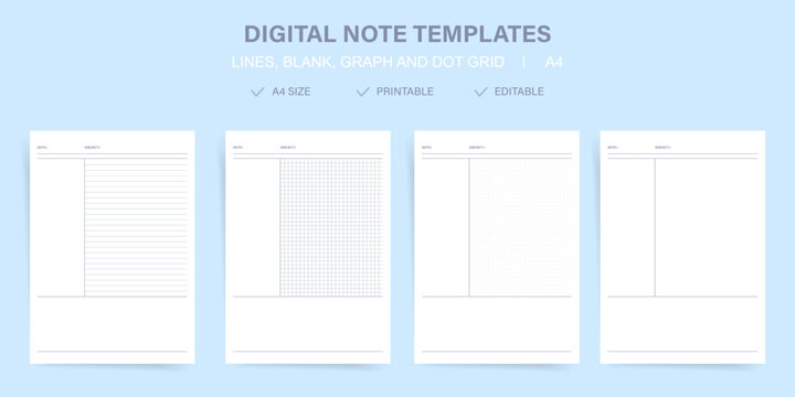 Printable minimal digital note template set A4 with date and subject header. Clean Cornell style lined, graph and dot grid study planner in white for study.
