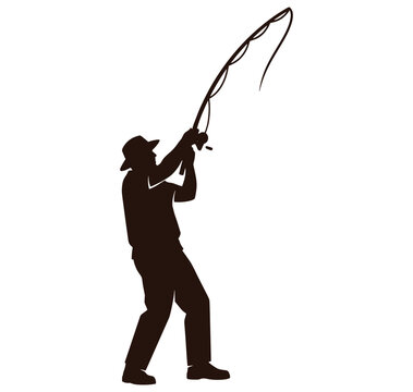 Man in a hat swinging a fishing rod cast isolated on white background