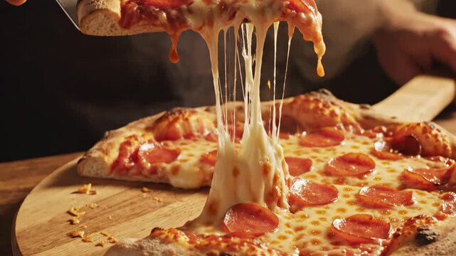 A close-up of a hot pepperoni pizza slice being lifted, showcasing a delicious and stretchy cheese pull. Perfect for food.