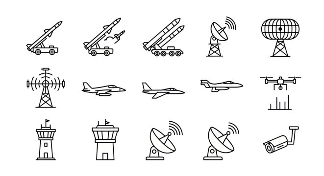 Military Technology Icons: Missiles, Jets, Drones, Radar, Control Towers, Surveillance