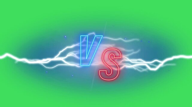 Versus VS screen with neon blue and red lightning on green background