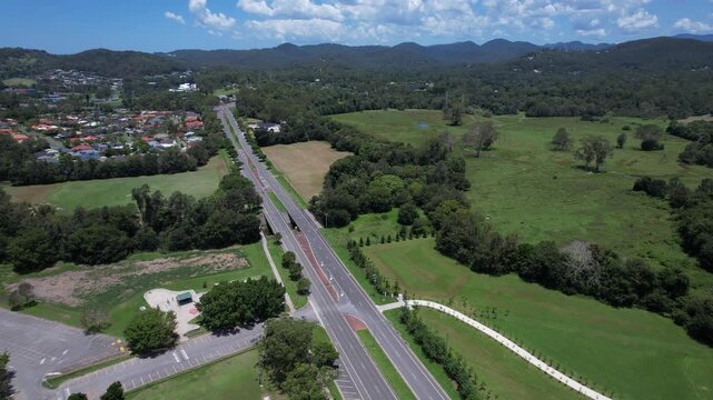 Somerset Drive Along Firth Park In Mudgeeraba, Gold Coast, Queensland, Australia. Aerial Shot