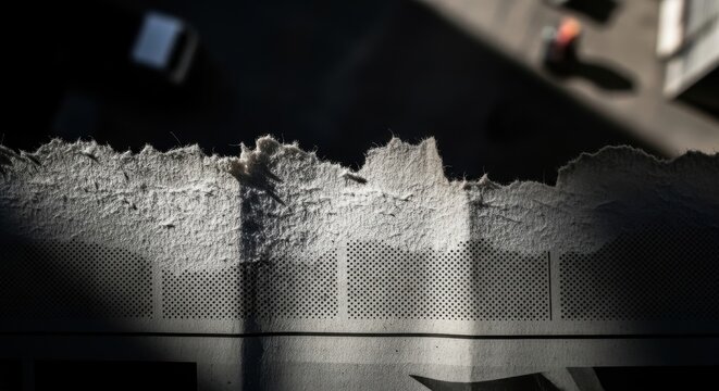Rough, torn edge of distressed newsprint with perforated pattern and dramatic shadows