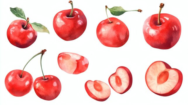 Watercolor illustrations of red cherries and cherry halves on white background, various whole and sliced views