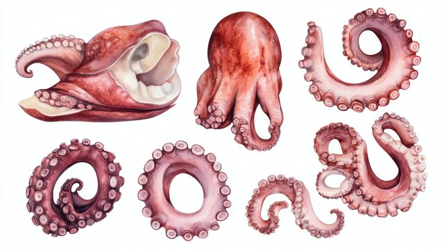 Watercolor illustrations of red octopus tentacles and suction cups arranged in various shapes on white background