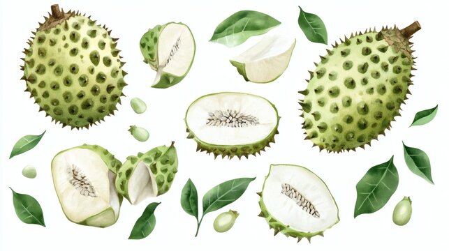 Watercolor illustration of soursop fruits and green leaves on white background