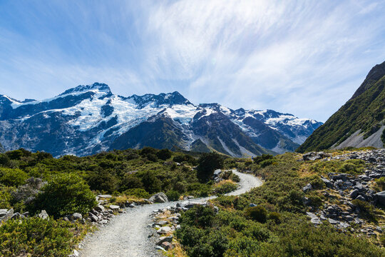 Track winding through glacial valley towards snow capped mountains