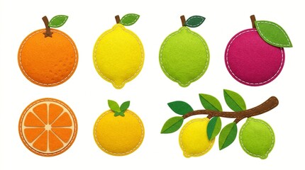 Obraz premium A colorful arrangement of felt fruits including oranges, lemons, and apples on a white background