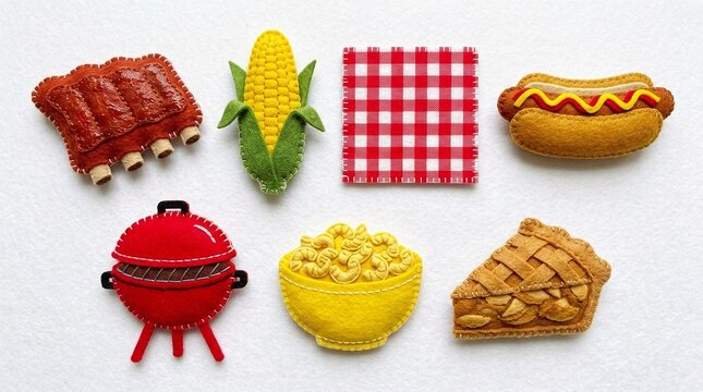 A colorful arrangement of fabric food items for a picnic or barbecue setting