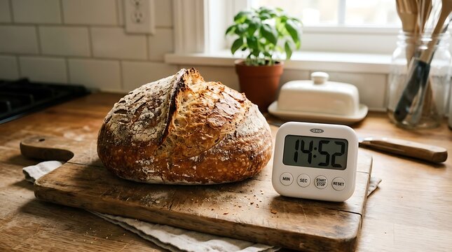 Fresh Rustic Bread on Wooden Cutting Board with Digital Timer in Bright Kitchen Setting